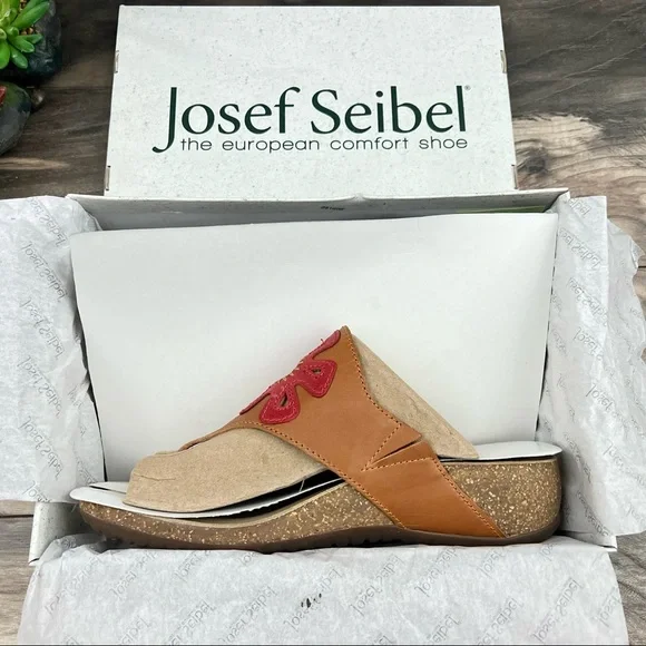NIB Josef Seibel Natalya 09 Floral Leather Wedge Thong Sandal Cognac Combi - Picture 11 of 15